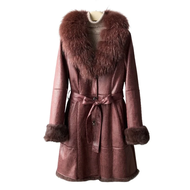 

Autumn and winter new long fur integrated coat women's genuine leather raccoon fur collar rabbit fur, slim and thin and warm