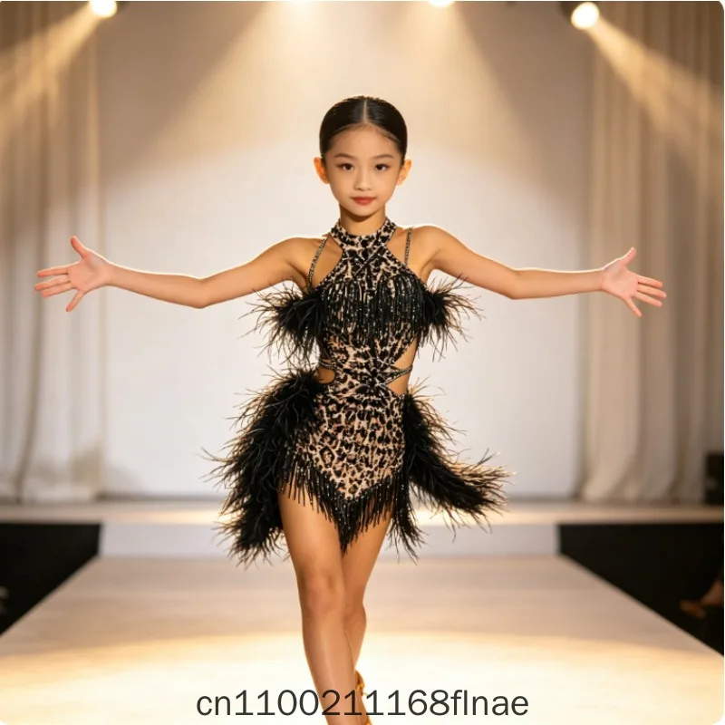 Latin Dance Dress Children's Competition Flower Dress Adult Dance Performance Professional Art Exam Leopard Pattern New Diamond