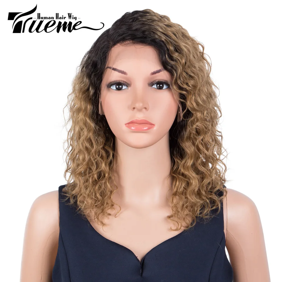 Trueme-Perruque Bob Lace Front Brésilienne Naturelle Bouclée, Cheveux Ondulés, Brun Ombré, pour Femme