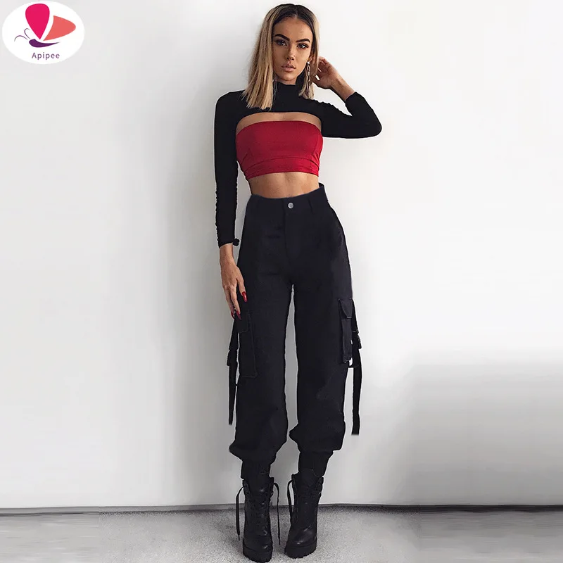 

APIPEE 2024 Spring Streetwear Cargo Pants Women Casual Joggers Black High Waist Pants Loose Female Trousers Ladies Pants Capri