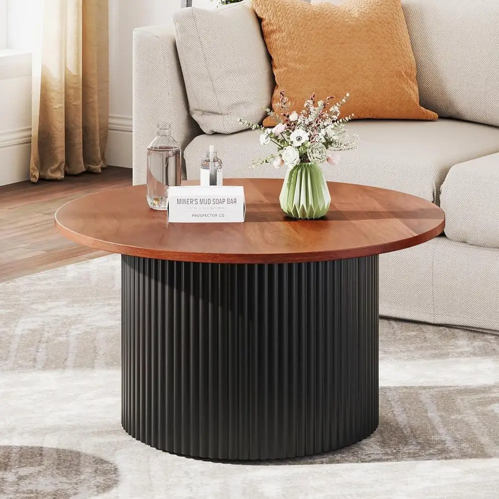 

Round Coee Table, 32" Wooden Accent Cocktail Tea Table with Solid Wood Veneered & luted Design, Century ern Center Table or Livi
