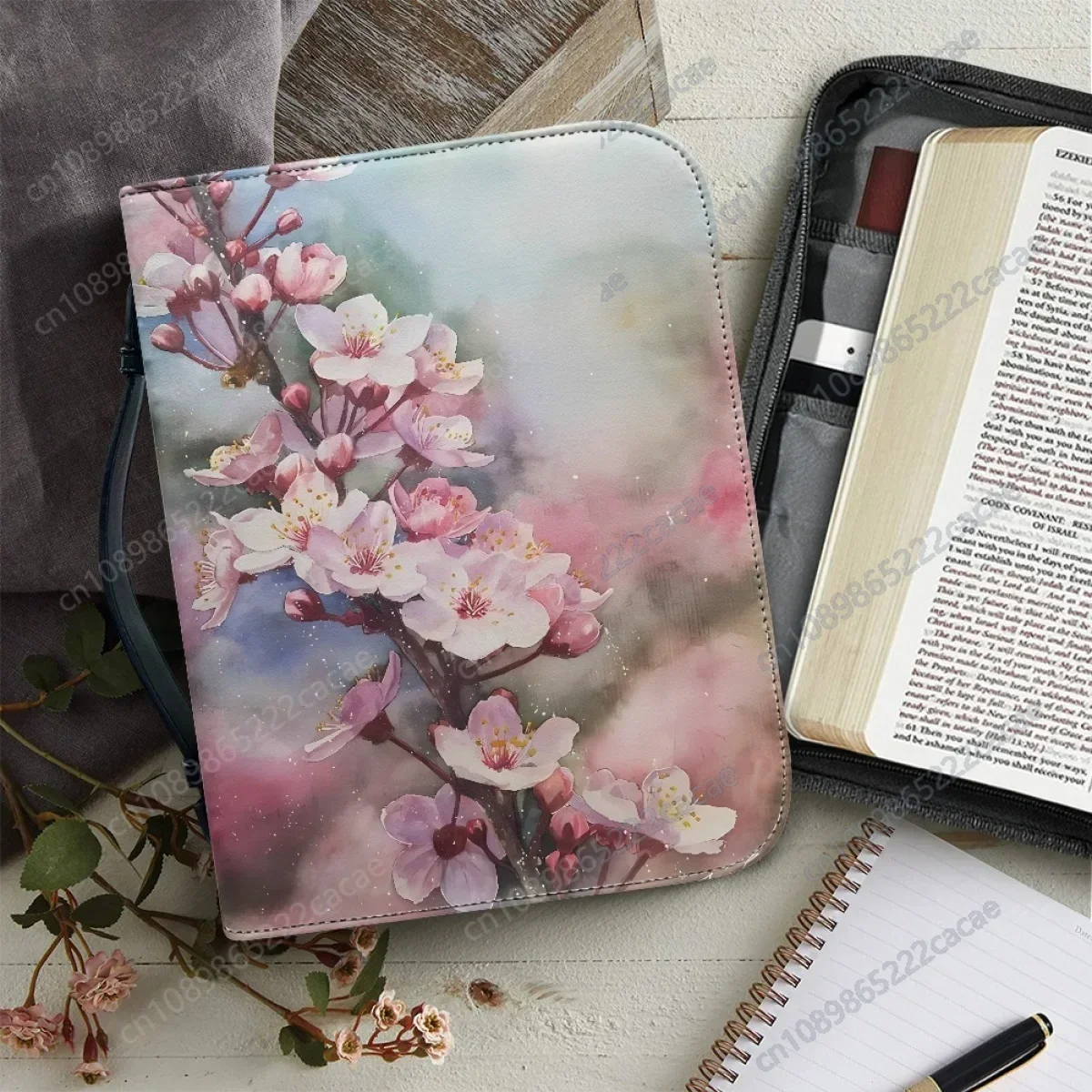 

Spring Cherry Blossom Painting Bible Cover Case Women's Bible Storage Bag Pu Leather Zippered Handbag Holy Storage Boxes Bolsas