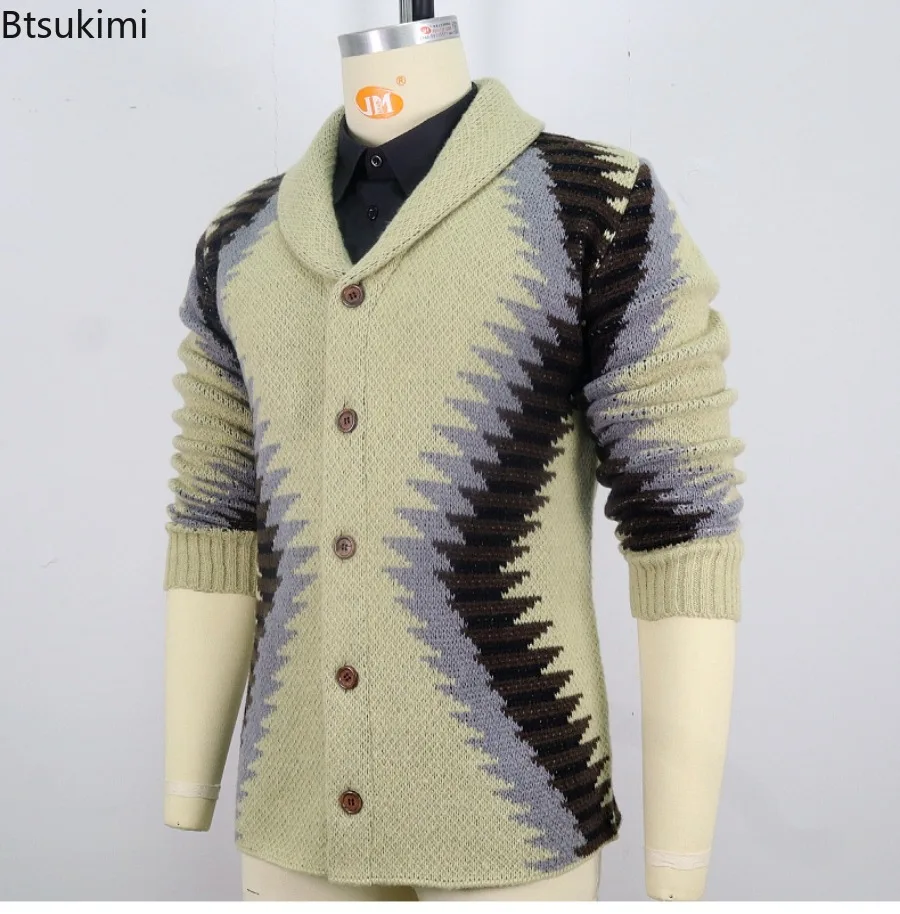 2024 Autumn Winter Men's Thickened Jacquard Knitted Cardigan Retro Lapel Sweater Coats New Fashion Casual Knit Sweaters for Men