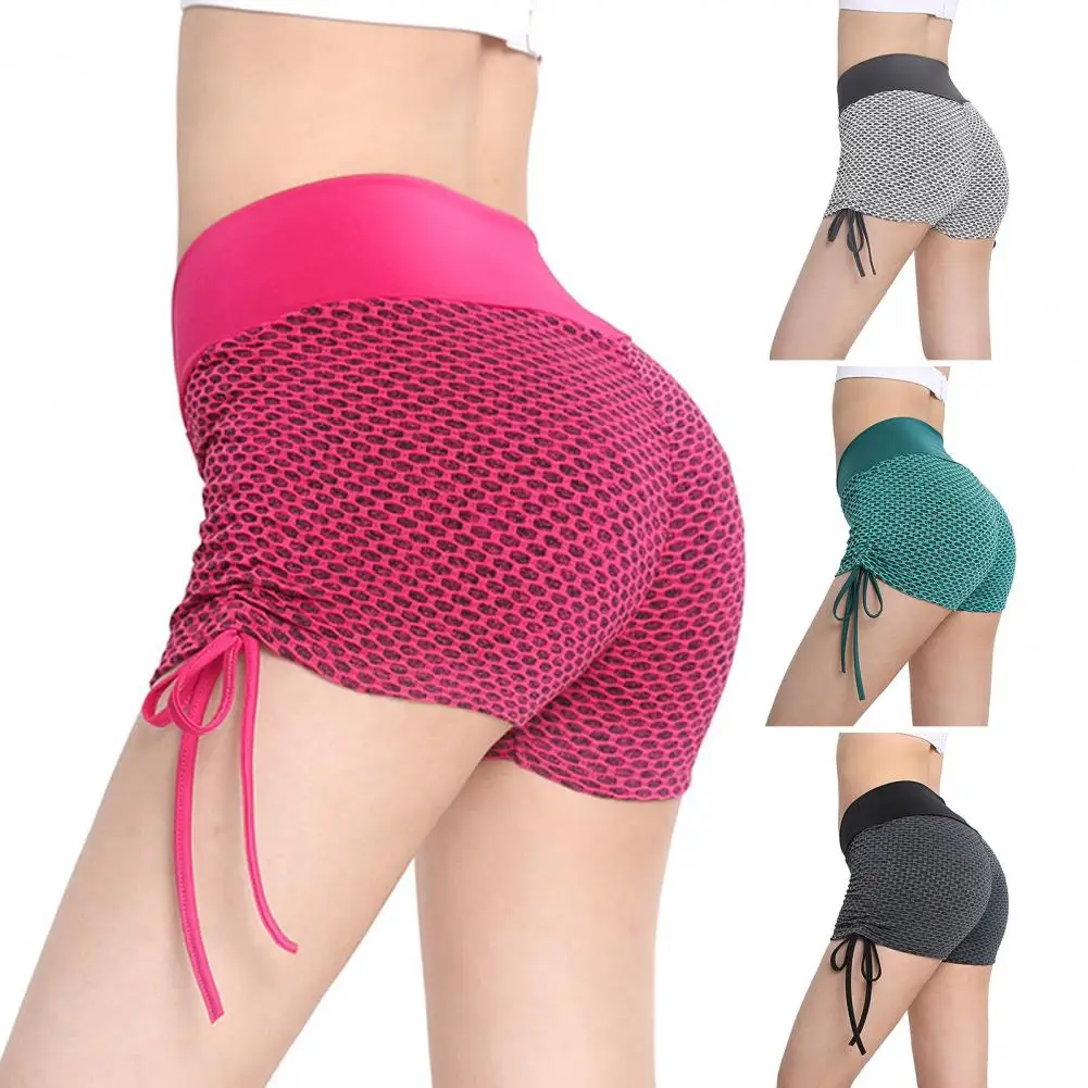 Elastic Waistband Shorts High Waist Hollow Mesh Yoga Shorts for Women Breathable Butt-lifted Tummy Control Gym Shorts with Sweat