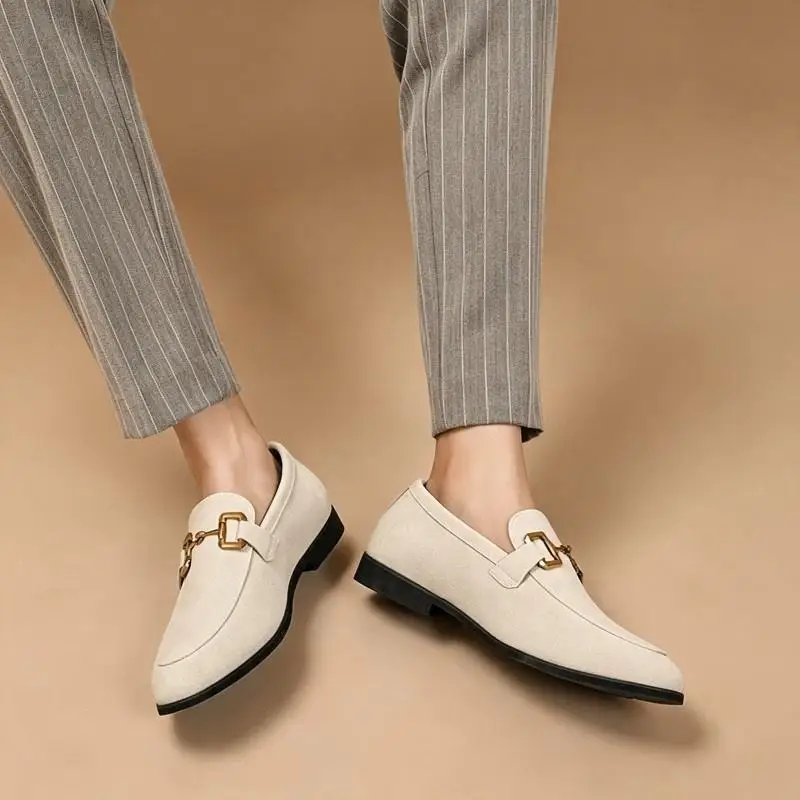 Men Loafers Gold Metal Buckle Slip On Matte Textured Casual Dress Shoes Business Office Wedding Flat Footwear Size