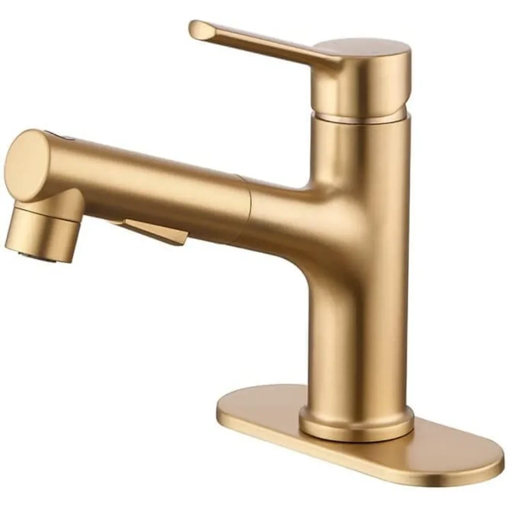 

Brushed Gold Bathroom Sink Faucet with Pull Out Sprayer Single Handle Modern Bathroom Basin Faucet Solid Brass Faucet for