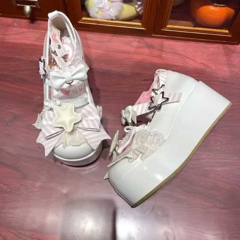 

Женская обувь на высоком каблуке в стиле Лолиты на наклонном каблуке ручной работы, женская обувь на высоком каблуке со звездами и бантом, японские милые туфли для чаепития для девочек