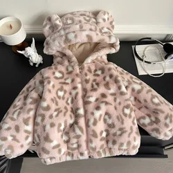 Jackets Hooded Long Sleeve warm 2024 Winter New Korean Style Girls Leopard Print Plush Coat Baby Cute Thickened Clothes