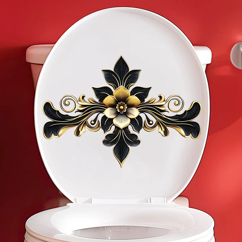 1PC Flower Toilet Cover Sticker Creative Black Gold Self-adhesive PVC Sticker, Toilet Water Tank Decoration, Bathroom Decoration