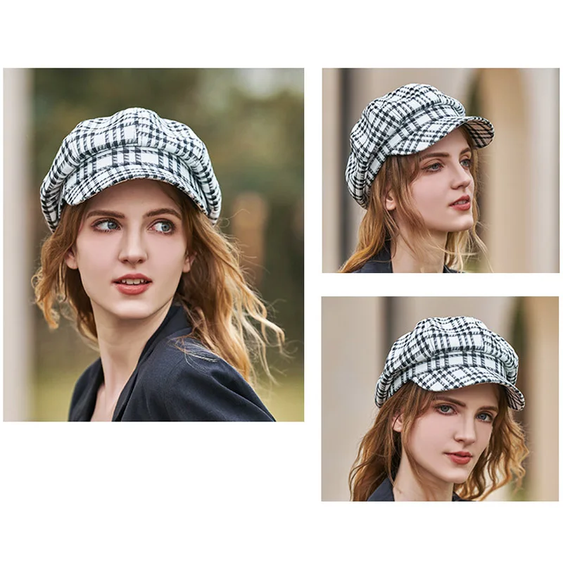 Houndstooth Luxury Beret Hats For Women Plaid Octagonal Hat Autumn Sun Visor British Vintage Baseball Cap Fashion Girls Berets