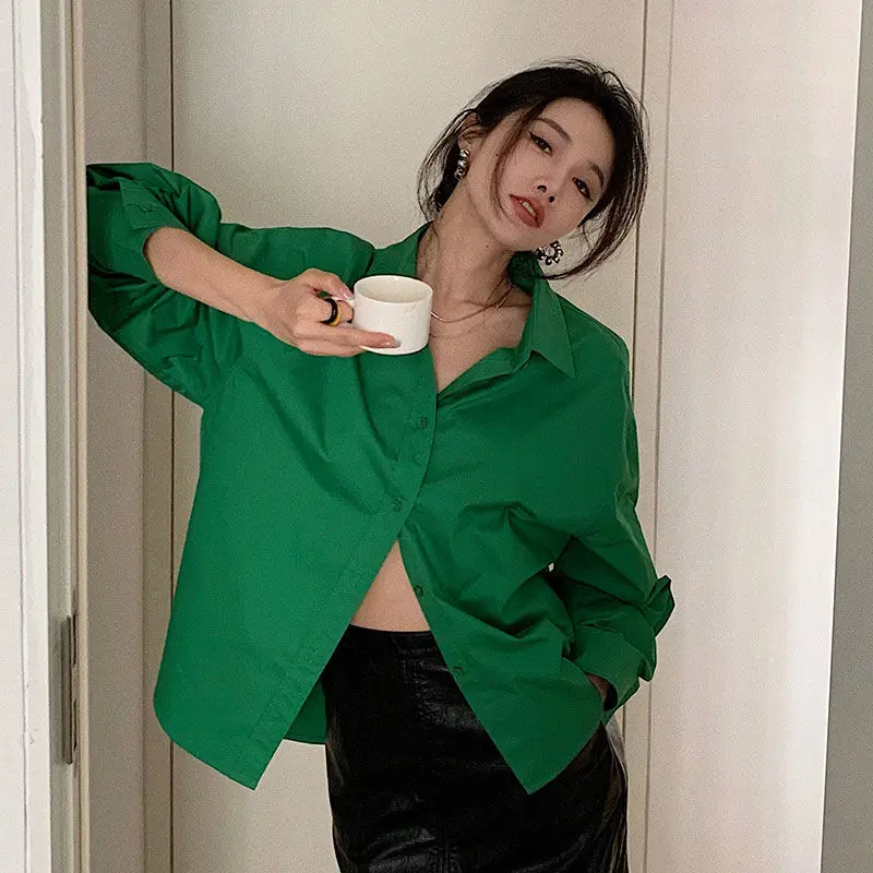 Spring New Green Loose Shirt Tops Ladies Long Sleeve Solid Color Simplicity Blouses Trend Korean Fashion Women Clothing