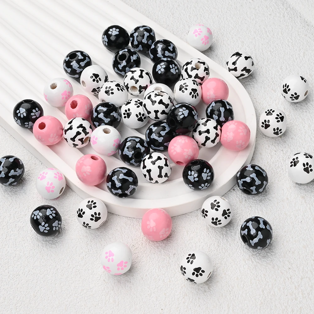 30Pcs 16mm Random Mixing Wooden Teether Focus Beads Dog Paw Bones Printed Round Bead For DIY Pacifier Clips Dummy Holder Making