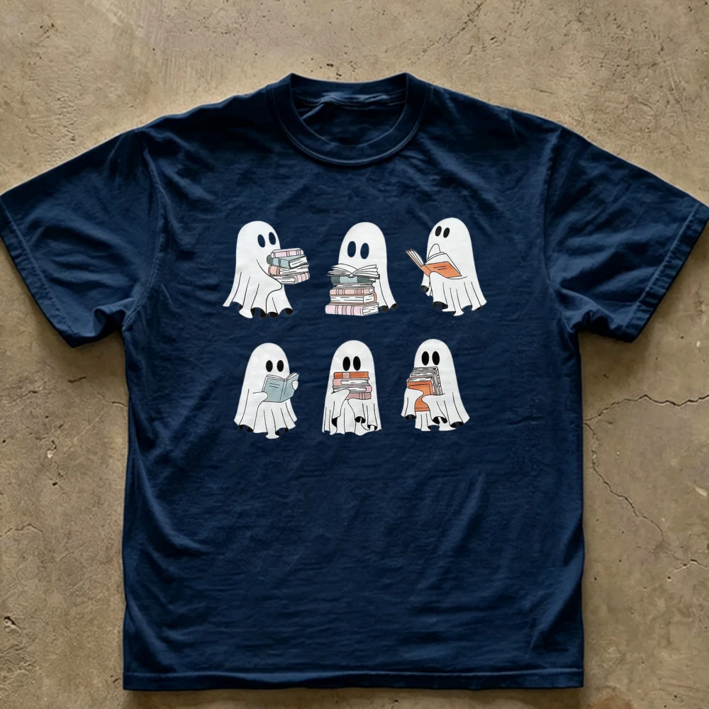 Cute Reading Ghosts Book Stack Graphic T‑Shirt Men Women Six Book‑Loving Ghost Cartoon Print Tees Casual Short Sleeve Cotton Top