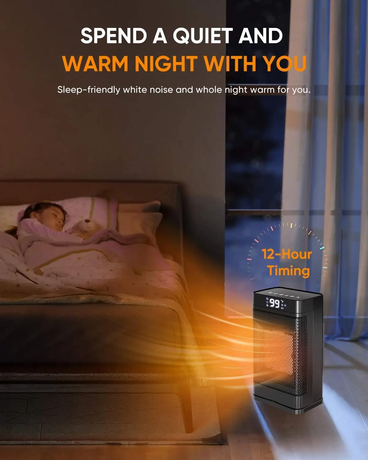 سخان مساحة سيراميك محمول PTC، 1500 وات، 99 ° F، مؤقت لمدة 13 ساعة، أسود