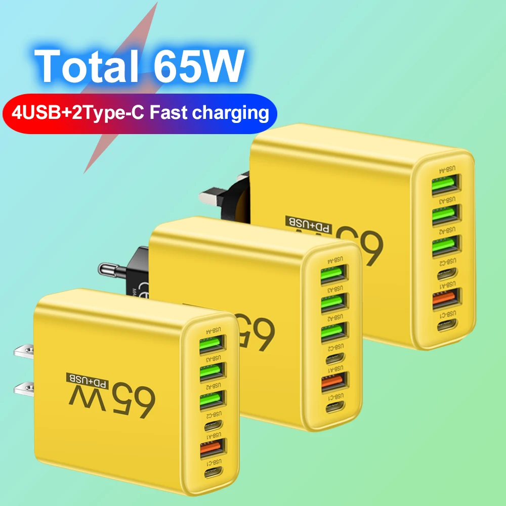 Total 65W 6 in 1 4 USB 2 Type C Quick Charging Fast Wall Charger For iPhone Samsung Xiaomi Huawei Oppo Mobile Phone Adapter