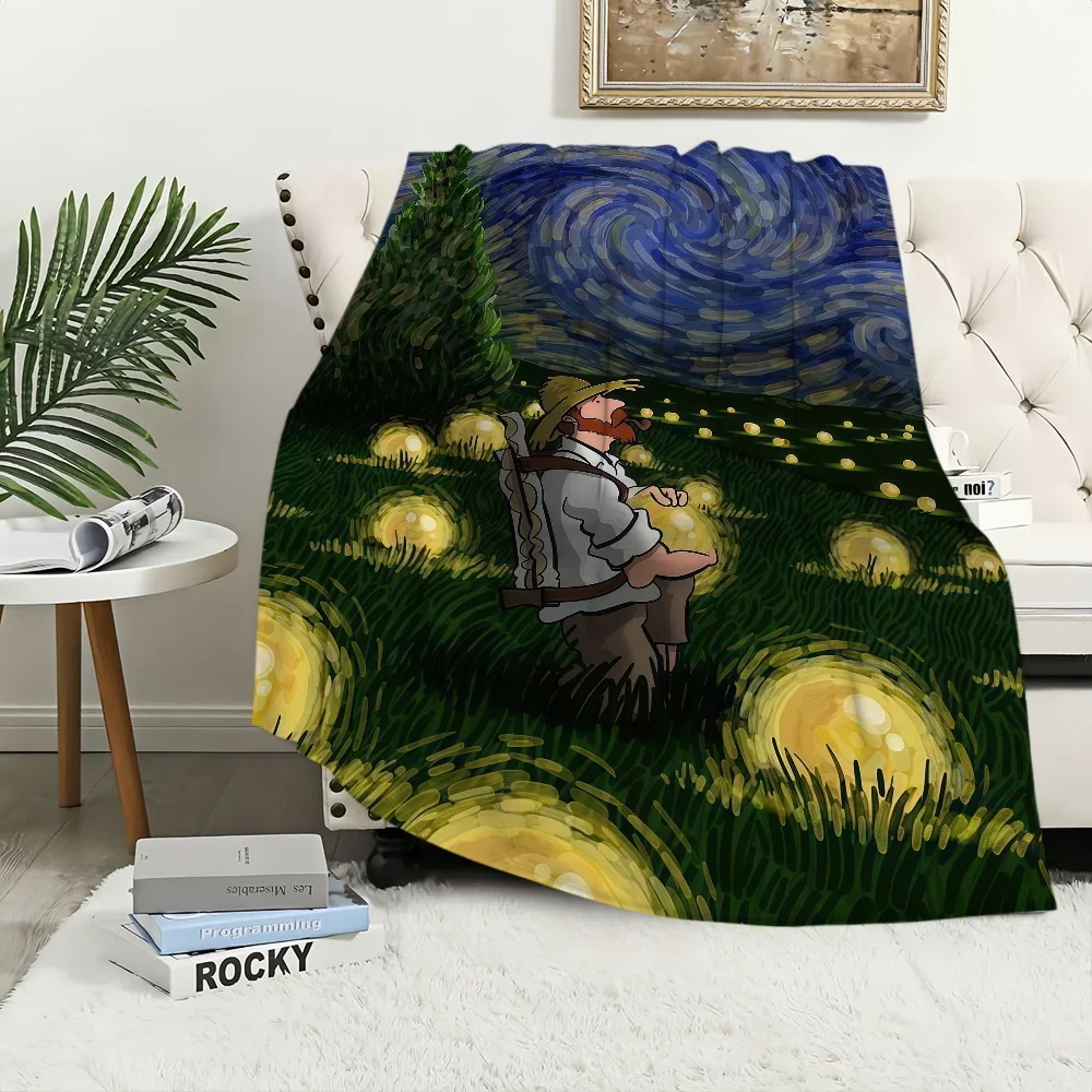 V-Van G-Gogh Funny Cartoon The Starry Night Blanket Flannel warm comfort soft plush blanket For Picnic Beds Sofas Homes