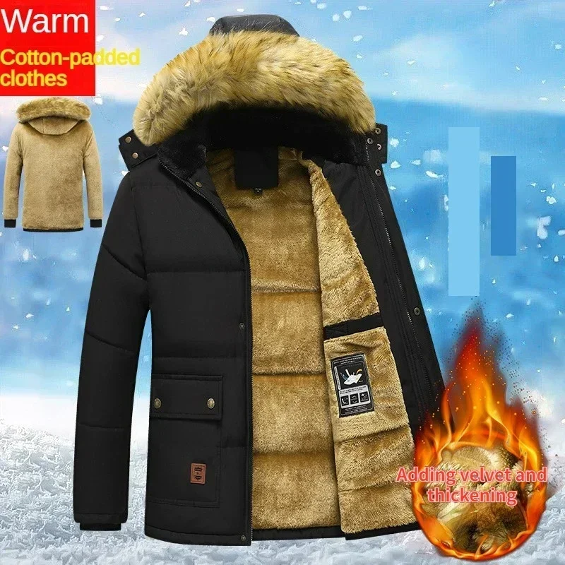 2024 New Men Winter Autumn Work Outwearing Parka Black Fleece Lined Thick Warm Hooded Fur Collar Coat Męski rozmiar 5XL Pluszowa kurtka