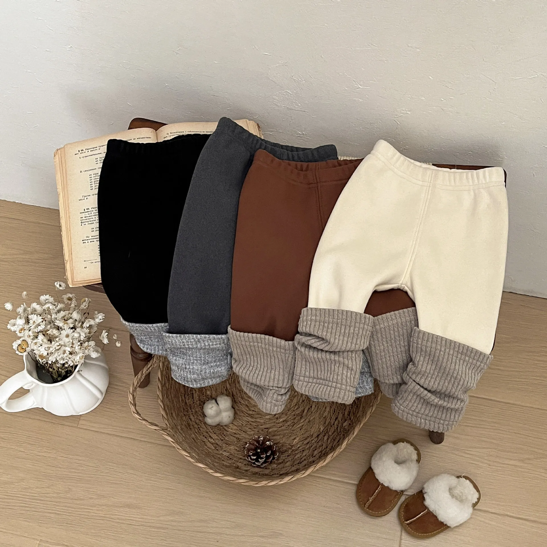 

Брюки, леггинсы на флисовой подкладке, теплые штаны с цветными блоками, верхняя одежда, корейская одежда для девочек, детская осенне-весенняя однотонная милая одежда