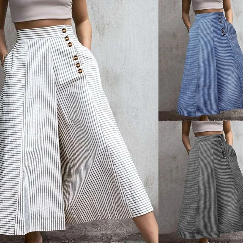 Faionable High Waist Striped Wide Leg Casual Pants Loose Fit Button up Comfortable Women's Summer Thin Material Long Trousers