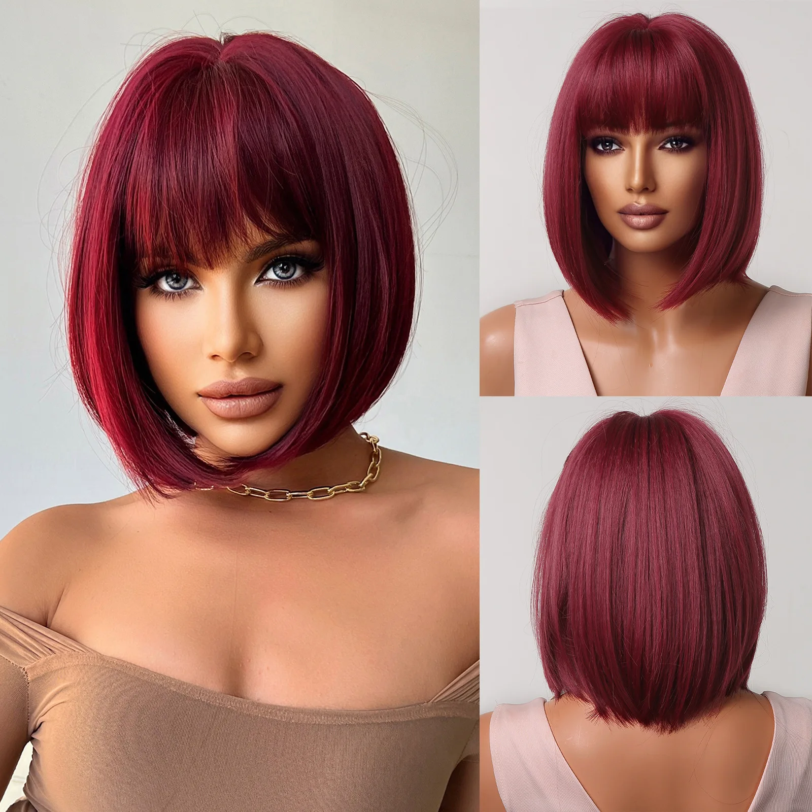 

European and American Bobo head wig air bangs burgundy temperament cosplay short hair wig full headgear