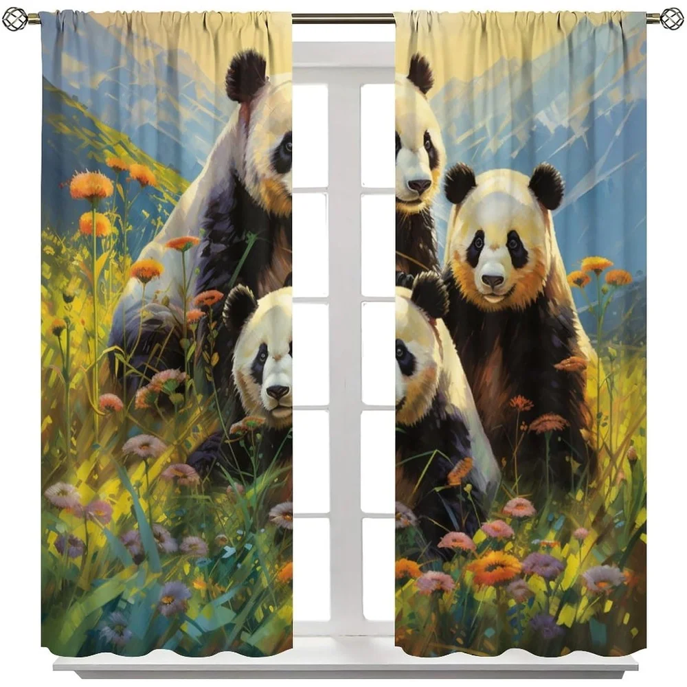 2 Panels Panda & Daisy Floral Blackout Curtains - Cute Panda Bear Window Drapes with Rod Pocket, Cordless Blocking Panels for Ro