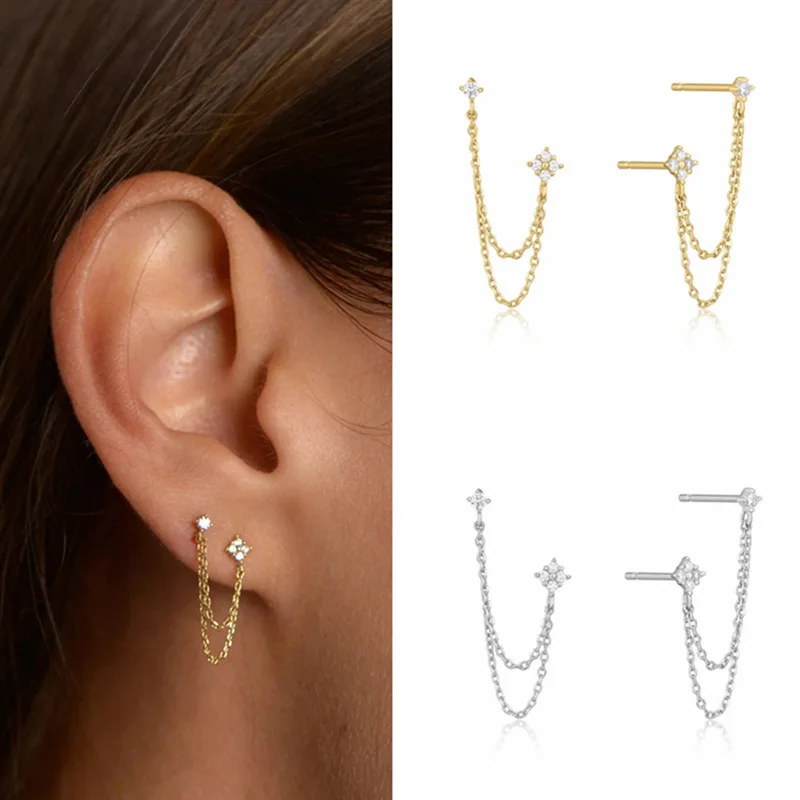 Lnngy 3mm&2mm Four Leaf Flower Moissanite Drop Earring For Women Girls Double Studs Chain Tassel Piercing Earrings Jewelry Gift