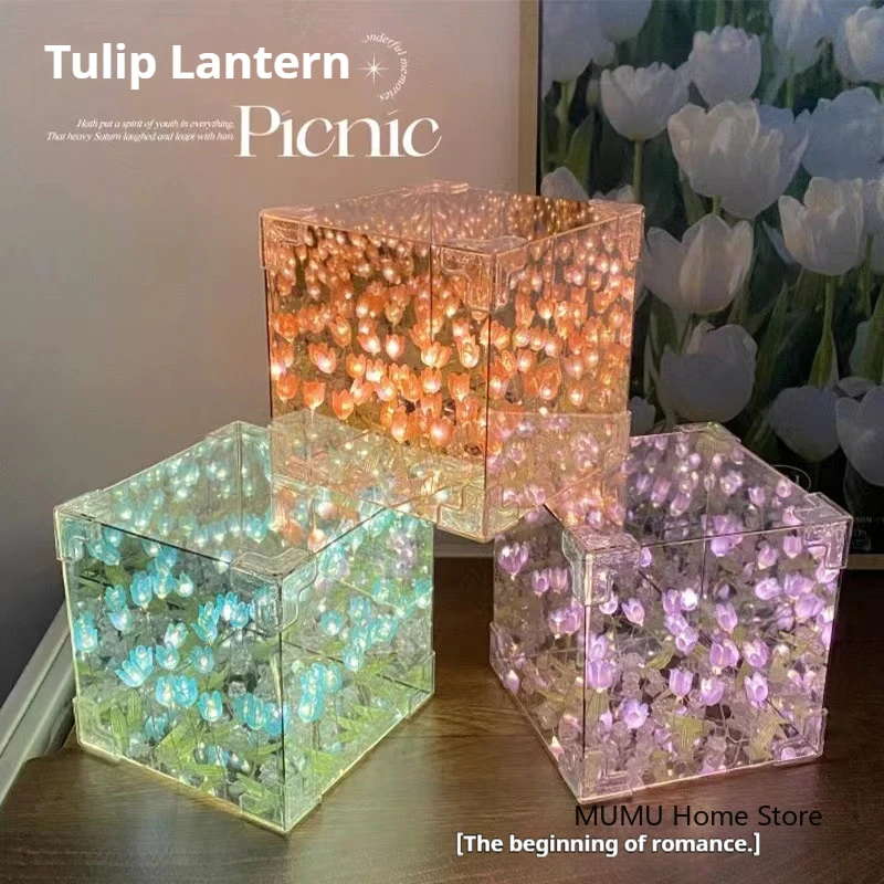 DIY 3D Cloud Tulip LED Night Light Flower Sea Mirror Table Lamps Cube Mirror Atmosphere Night Light Bedroom Decor Table Lamp