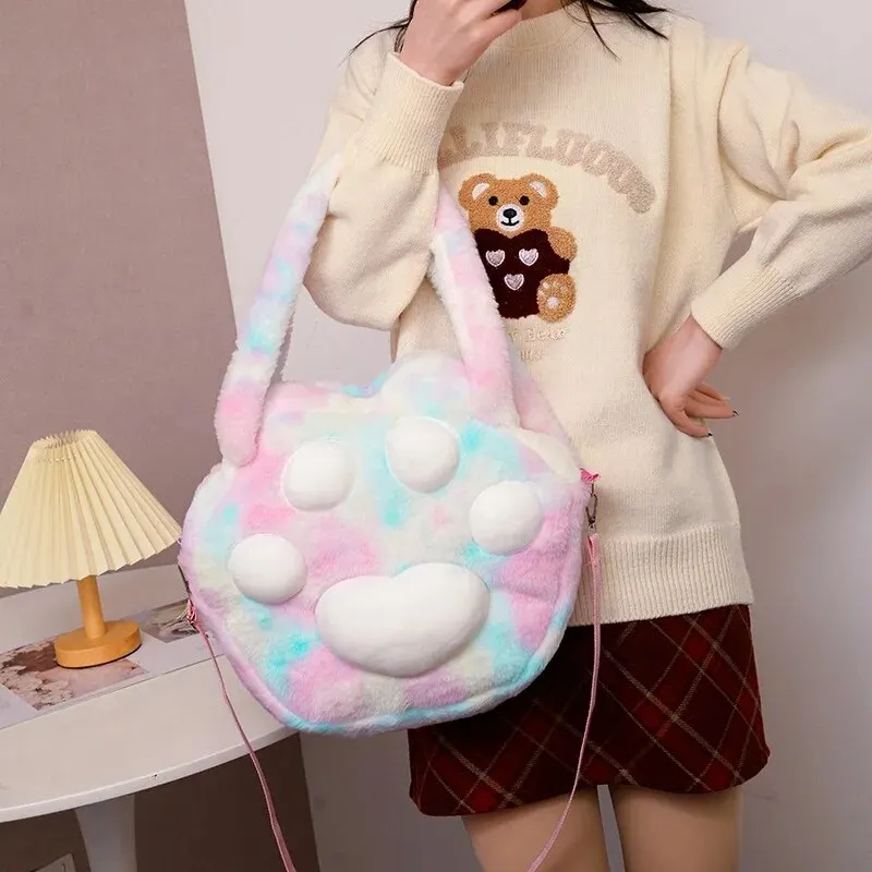 Bolsa de ombro infantil de pelúcia gato garra bolsa elegante para meninas, mochila de lazer ao ar livre, fofa, elegante, nova