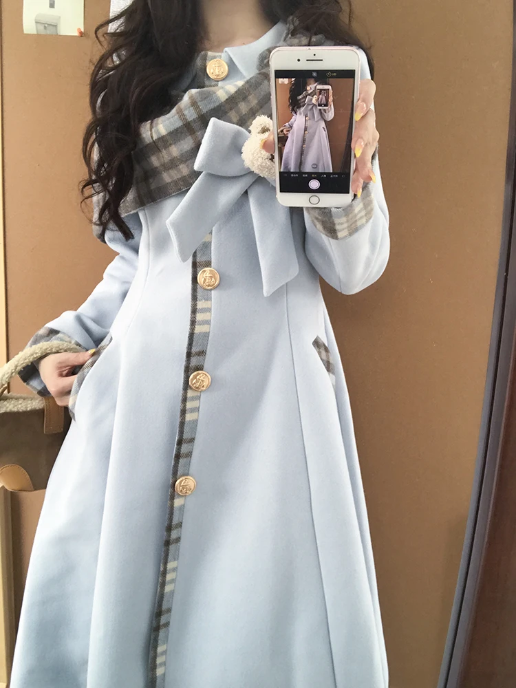 الكورية Sle الحلو حجم صغير الخصر Cinched التخسيس معطف الصوف المرأة شتاء جديد طويل منقوشة الربط معطف ألياف البوليستر