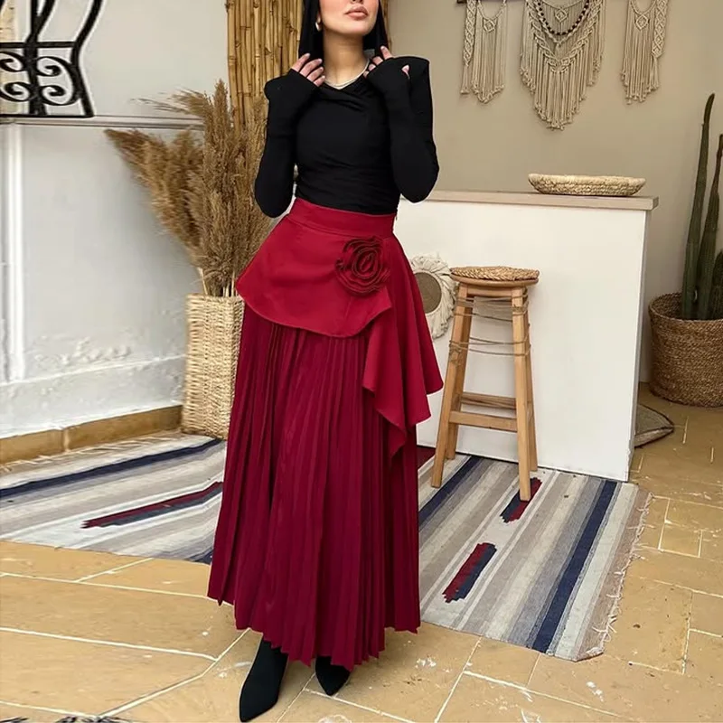 HKSH Letnia Nowa Damska Modna Elegancka Spódnica Trójwymiarowe Kwiaty Łączona Plisowana Asymetryczna Elegancka Modna Luksusowa Spódnica HK8947