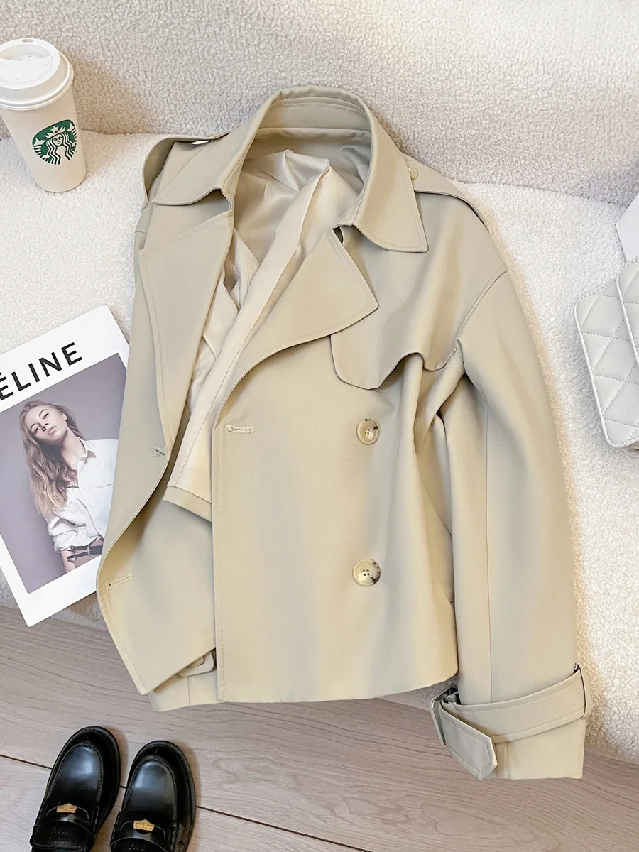 

Autumn and winter women's casual solid color lapel long sleeved double breasted loose windbreaker