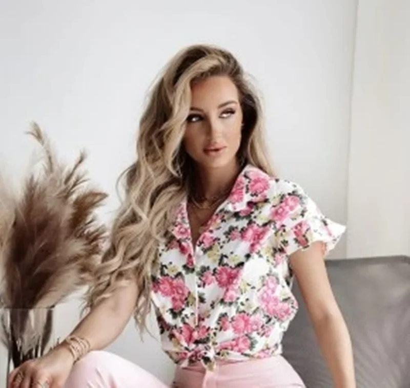 

Summer Commute Women's ort Sve irt Floral Print Single Button Sweet Sle Casual Straight Cut Top Fem Faion