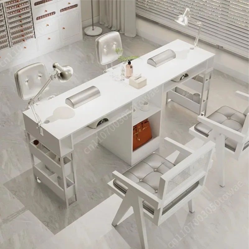Double Station Manicure Table with Storage, Professional Nail Tech Desk with Vent & Shelves for Salon & Home Use