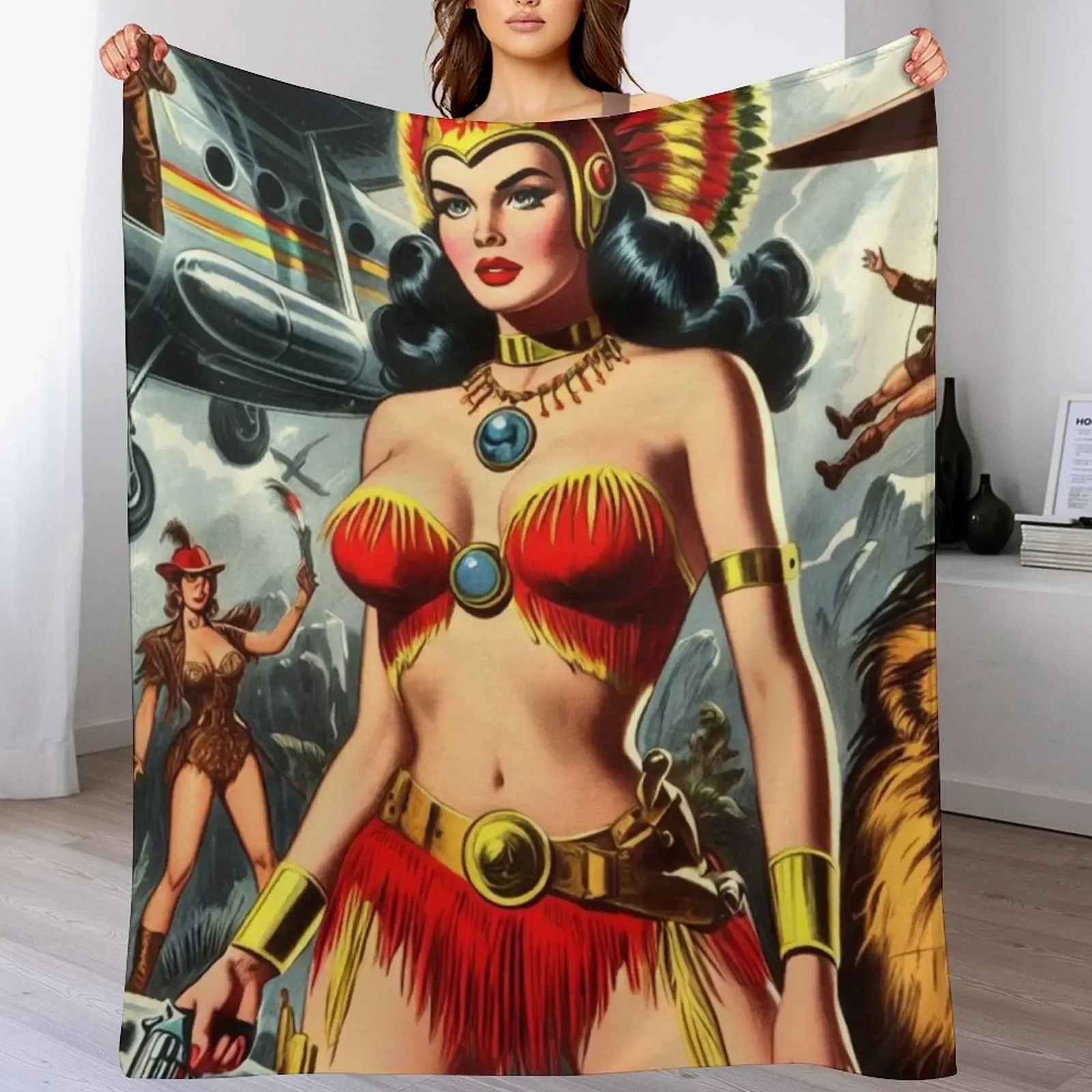 

Vintage Pulp Warrior Girl Throw Blanket Plaid on the sofa Hairy Thin Giant Sofa Blankets