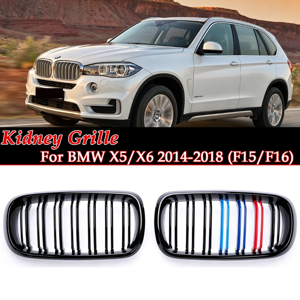 

For X5 X6 F15 F16 2014-2019 Double Slat Front Bumper Grill Gloss Matte Black Carbon Look M-Color Silver Frame Black Core Chrome