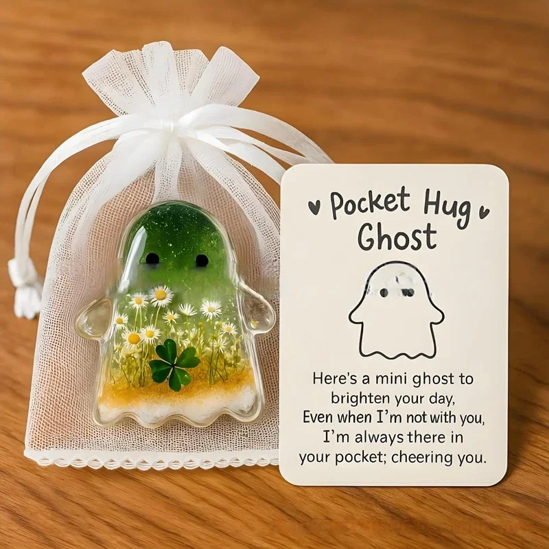 Pocket Hug Ghost Acrylic Charm Set With Card Mini Emotional Support Gift For Anxiety Relief Halloween Pocket Sea Animal Hug Gift