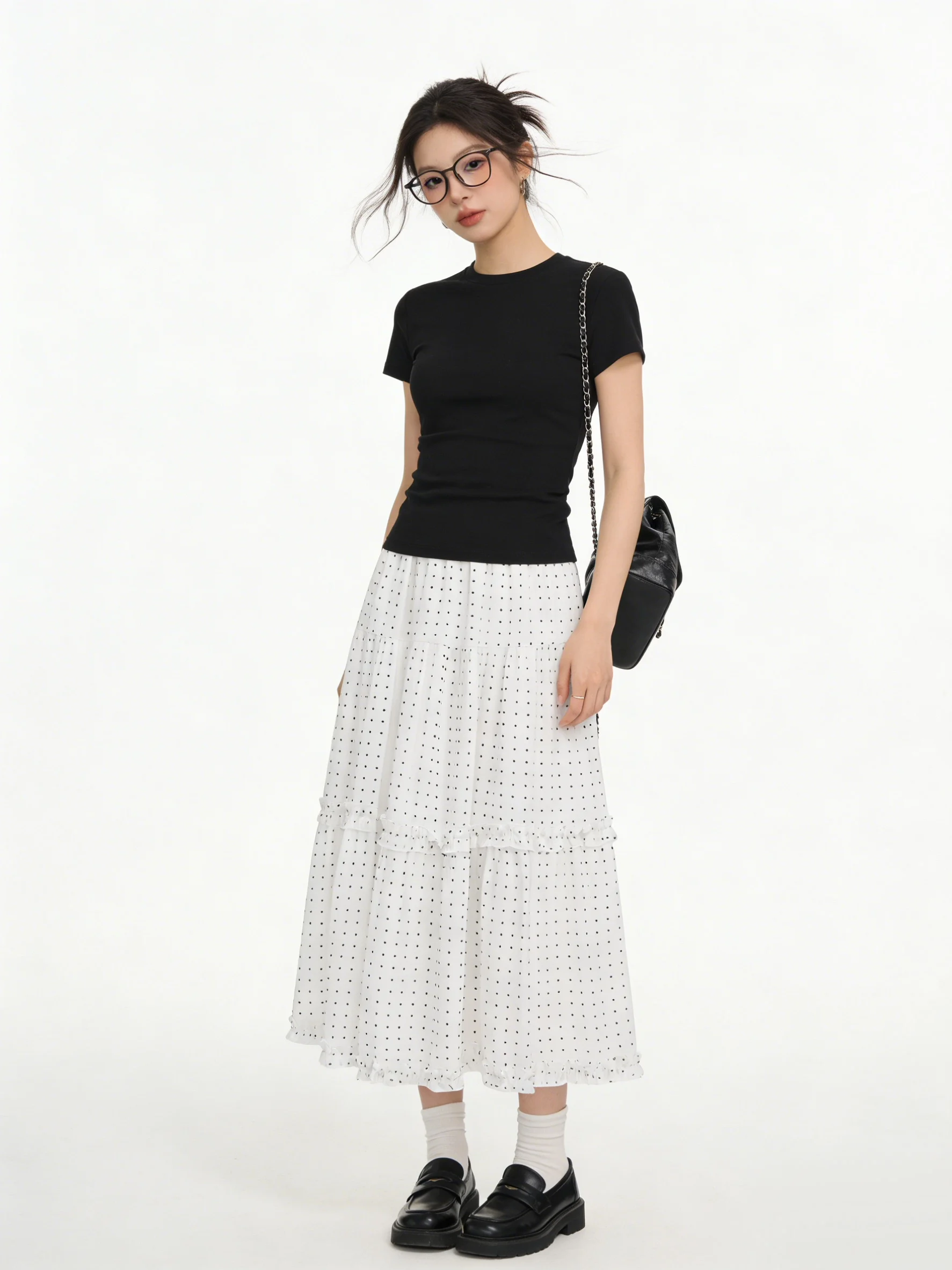 

Юбка А-силуэта с высокой талией, женская юбка в горошек с вставками, в корейском стиле, дышащая, приятная к телу, с подкладкой