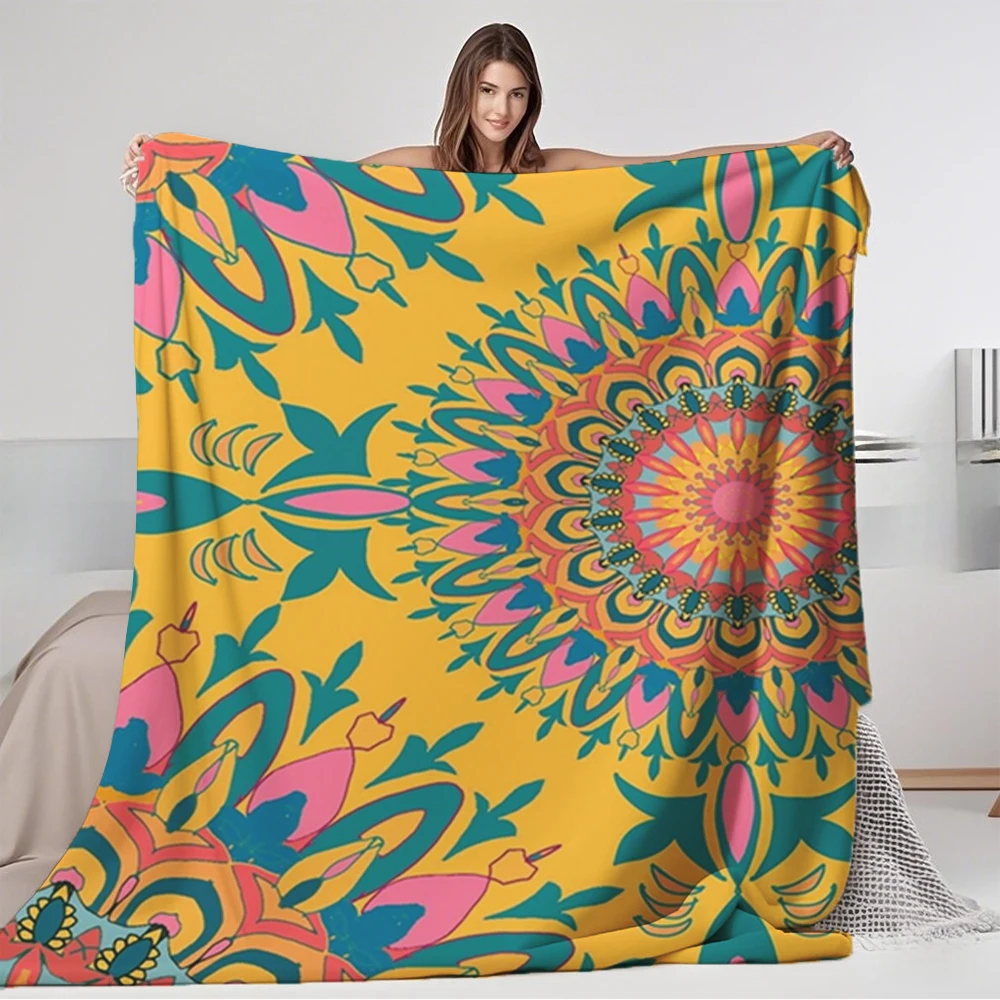 

Cold/warm Weather Flannel Cozy Blanket Bohemian Ethnic Patterns Yellow Comforter Throw Blanket Floral Fade-resistant