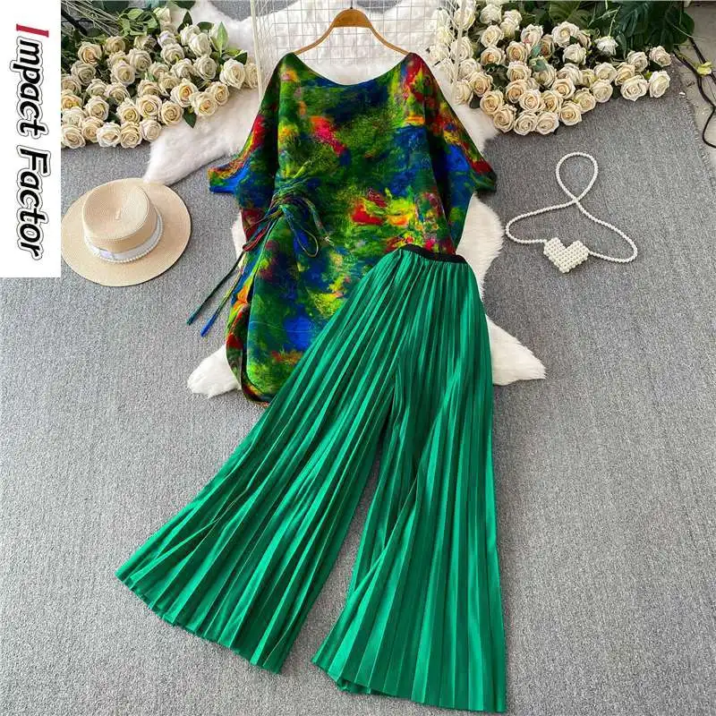 Miyake Light Luxury Oil Painting Printing Design Split Drawstring One-word Collar Bat Sleeve Long Top Two-piece Set