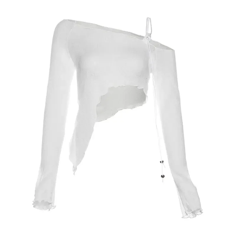 الأمريكية الساخنة فتاة غير المتماثلة تنوعا تي شيرت الإناث المنحدرة الكتف تصميم Y2k خمر مثير منظور التخسيس الأعلى #6