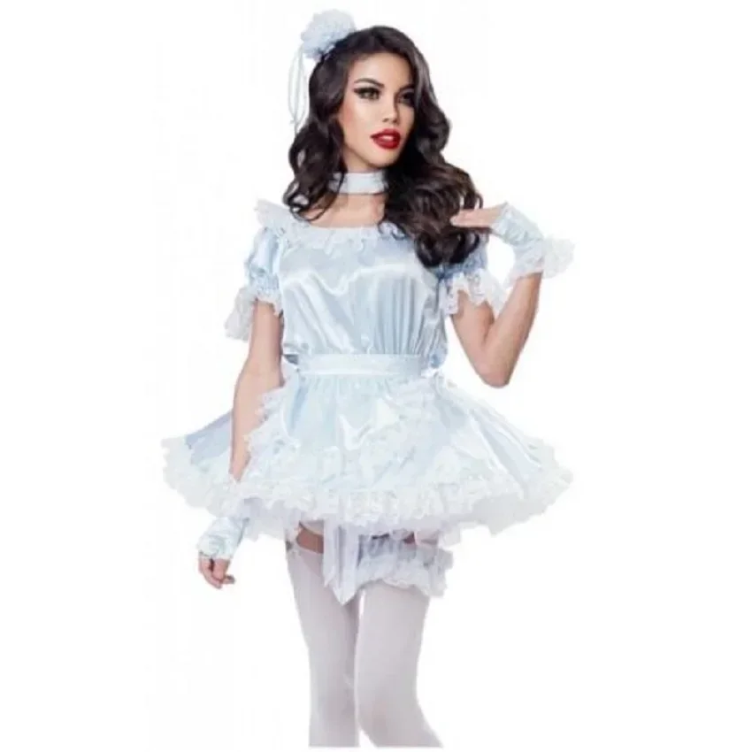

Blue Satin Sissy Skirt Sexy Girl Maid Costume Adult Custom Party Cosplay Carnival Dress