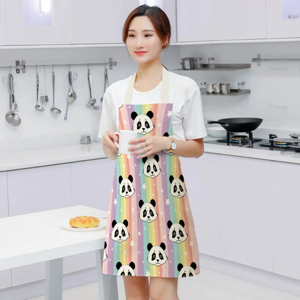 1Pcs Cute Panda Letter Kitchen Aprons For Women Cotton Linen Bibs Household Cleaning Pinafore Home Cooking Apron 55x68cm