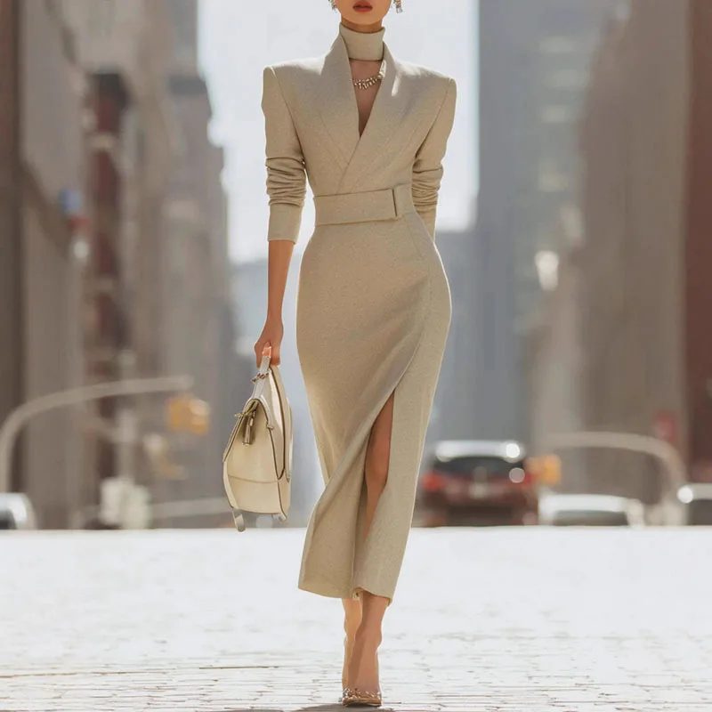 Elegant Solid Slim Belt V Neck Hip Dress Woman Autumn Winter Long Sleeve Split Office Dresses Sexy Boho High Waist Evening Dress