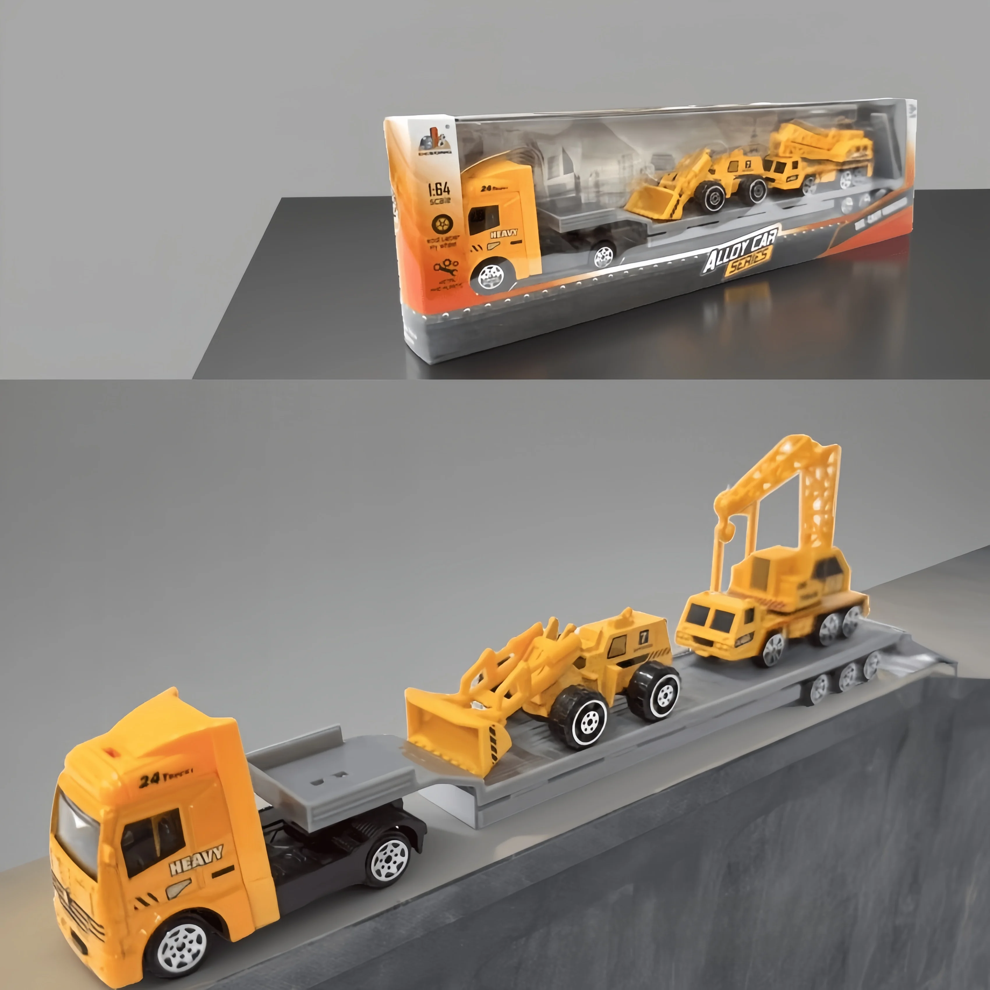 Legering Engineering Flatbed Trailer Transportvoertuigset met elektrische politieambulance, handmatige traagheidsauto's, niet-aangedreven