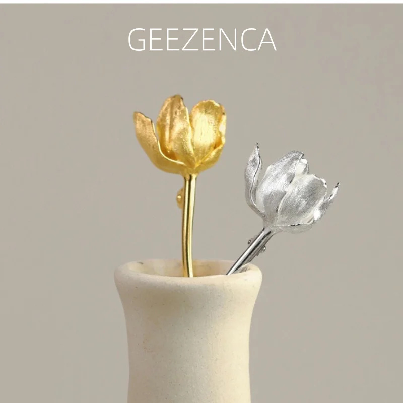 GEEZENCA 925 Sterling Silver 3D Tulip Flower Brooches For Women Aesthetic Plant Chic Clothing Accessories Pins  New Party Gift