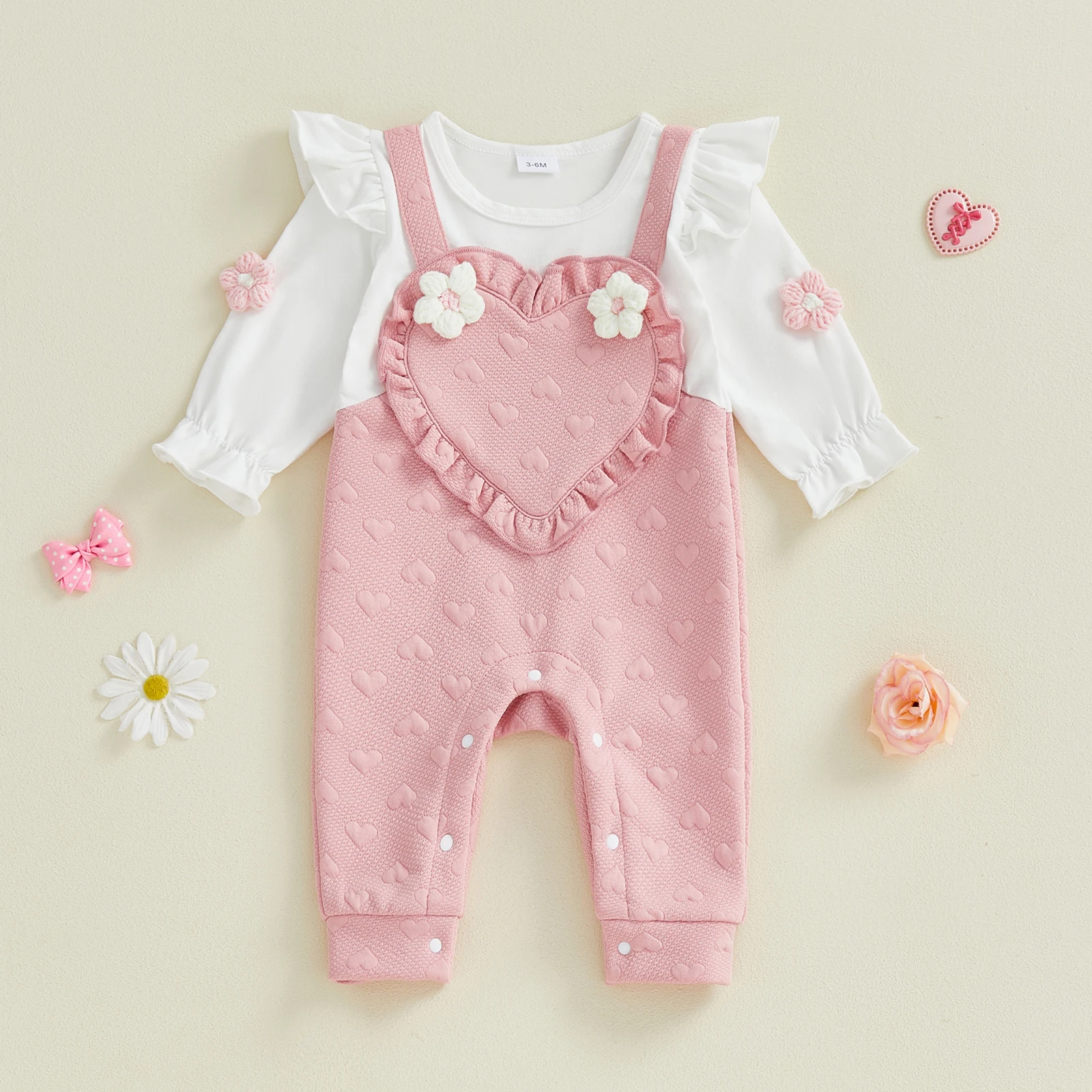 

0-18Months Infant Baby Girls Spring Romper Fake Two Pieces Heart Jacquard 3D Floral Long Sleeve Round Neck Jumpsuit