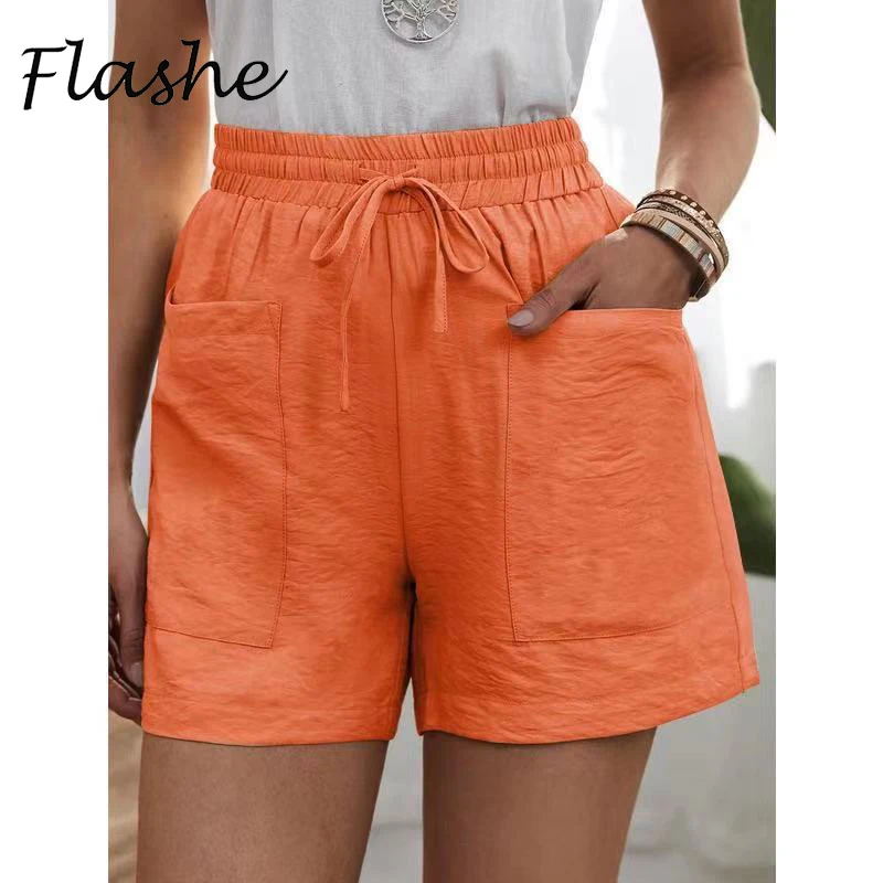 

Summer Shorts Women Casual High Waist Elastic Waist Pocket Solid Shorts For Women Loose Shorts