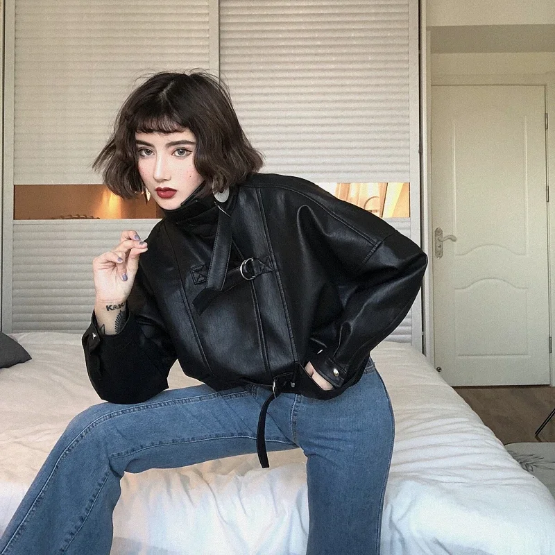 Street Leather Coats Batwing Sleeve Women Faux Leather Jacket Moto Biker Short Zipper Pu Black Jacket Spring
