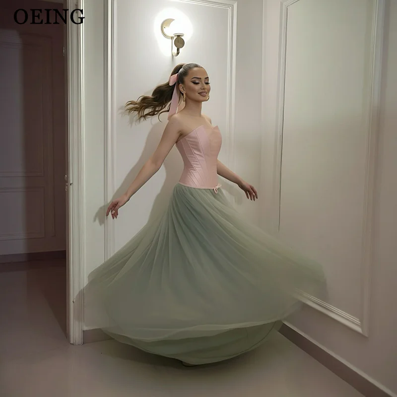 

OEING Simple A-Line Prom Dresses Pink Green Tulle Strapless Draped Party Gowns Floor Length Evening Dress vestidos Customized