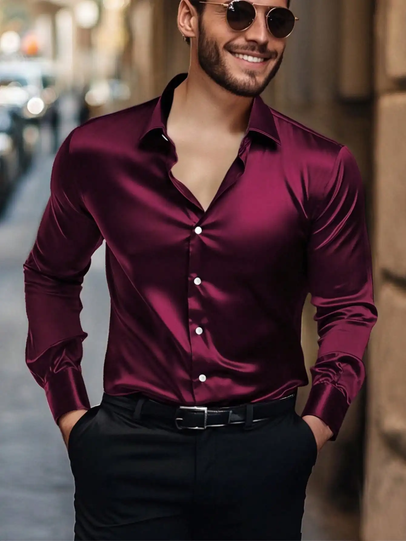 

Men's Solid Satin Button-Up Shirt, Slim Fit, Burgundy, Fall Wear
